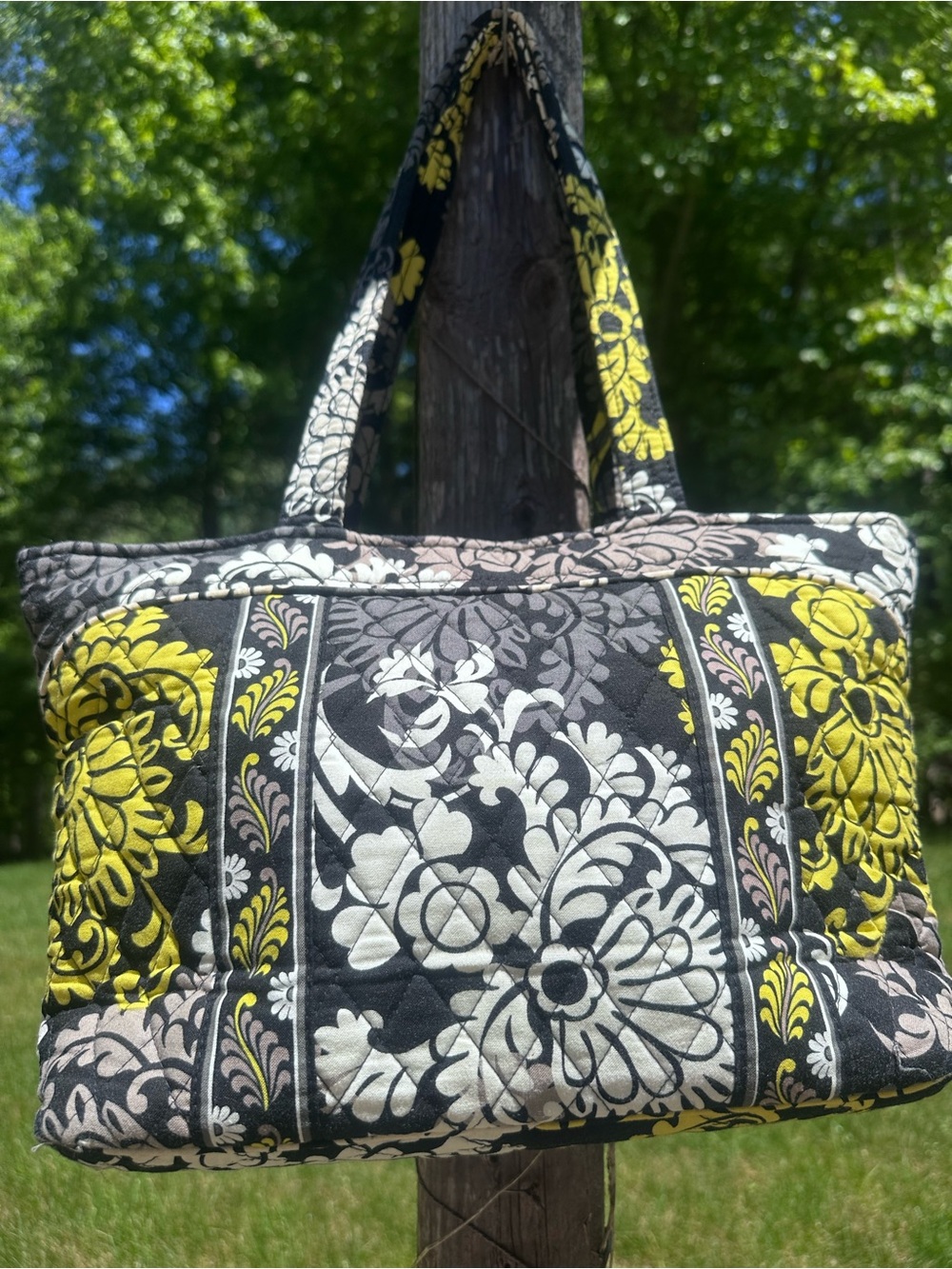 Vera Bradley Black Quilted Tote with Yellow & White Floral Print